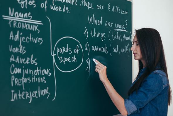 Professora de sucesso escrevendo em inglês na lousa